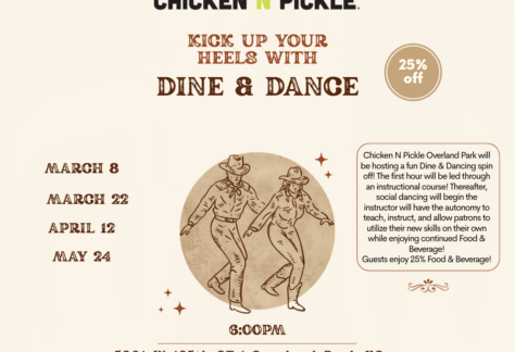 Event flyer for Chicken N Pickles Dine & Dance nights, featuring illustrated dancing cowboys, event dates, time, location, and a 25% off food and beverage offer. Text details event activities and instructions.