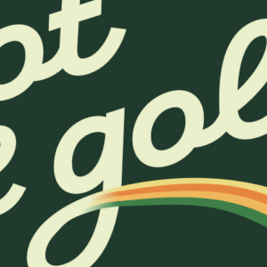 Cream-colored cursive text reads pot of gold with a rainbow arching from the g to a black pot silhouette in the lower right corner, all on a dark green background.