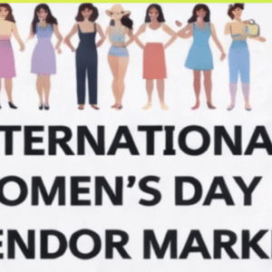 Illustration of diverse women standing in a row above bold text that reads “International Women’s Day Vendor Market.” Light floral accents decorate the corners of the image.