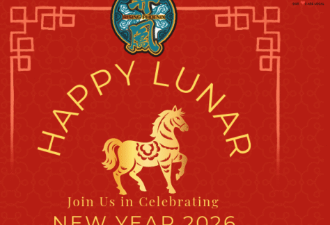 Red graphic with gold accents features a horse, Chinese symbols, and the text Happy Lunar New Year 2026, Year of the Horse. Join us in celebrating. Logos for Chicken N Pickle and Rising Phoenix are also included.