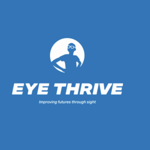 Logo for EYE THRIVE featuring a silhouette of a person with glasses inside a white circle, with the tagline Improving futures through sight on a blue background.