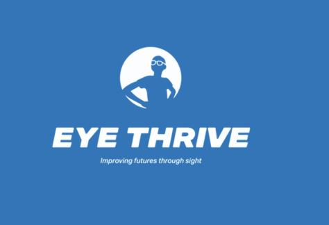 Logo for EYE THRIVE featuring a silhouette of a person with glasses inside a white circle, with the tagline Improving futures through sight on a blue background.