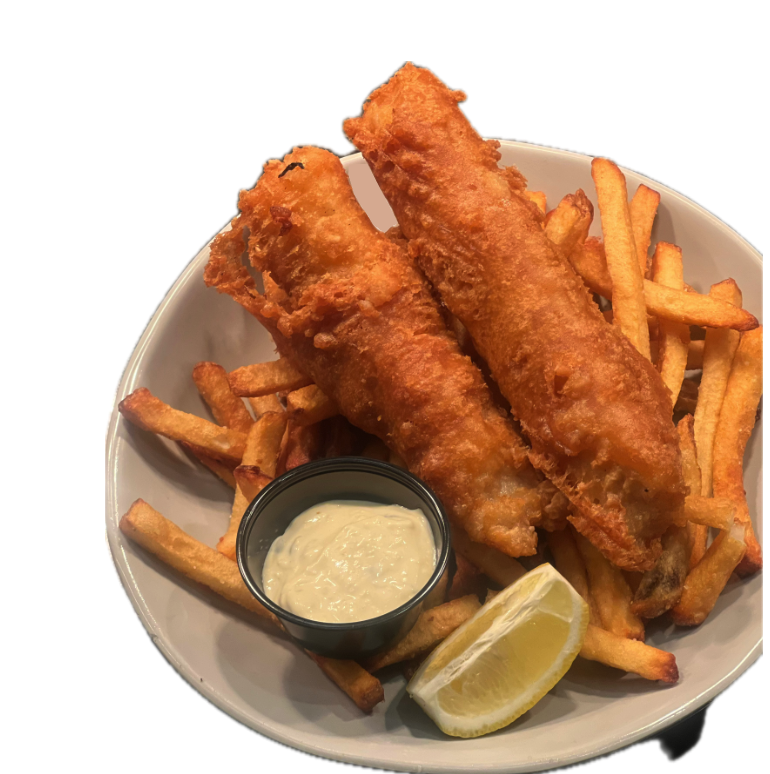 A plate of crispy golden French fries with two pieces of battered fried fish, served with a lemon wedge and a small container of tartar sauce.