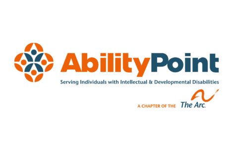 Logo for AbilityPoint. Features an abstract icon of five figures in a circular formation, orange and blue text, and the tagline Serving Individuals with Intellectual & Developmental Disabilities. Includes The Arc’s logo, benefiting youth through our Giveback initiative.