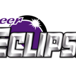 Logo for Cheer Eclipse featuring bold, metallic silver letters with a black outline, a purple partial eclipse graphic behind "Eclipse," and "Cheer" in purple script above. This design supports Giveback Benefiting Vets for Youth.