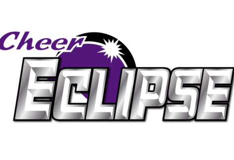 Logo for Cheer Eclipse featuring bold, metallic silver letters with a black outline, a purple partial eclipse graphic behind "Eclipse," and "Cheer" in purple script above. This design supports Giveback Benefiting Vets for Youth.