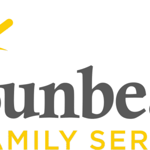 Logo for Sunbeam Family Services featuring a stylized yellow sun on the left and the words Sunbeam in large gray letters above FAMILY SERVICES in smaller yellow letters, representing their Giveback Benefiting Vets for Youth initiative.