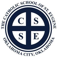 Navy blue and white circular logo for The Catholic School of St. Eugene in Oklahoma City, featuring a cross with the letters C, S, S, and E in each quadrant. Design highlights the school's commitment to Giveback Benefiting Vets for Youth.