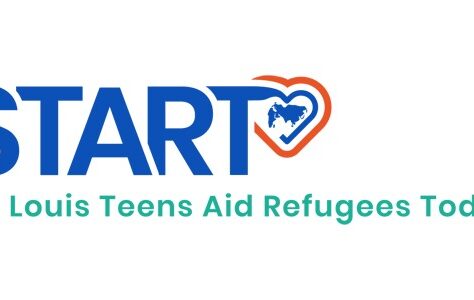 Logo with the word START in blue, a heart outline with a world map inside the letter A, and the text St. Louis Teens Aid Refugees Today below in green—showcasing giveback and benefiting youth in our community.