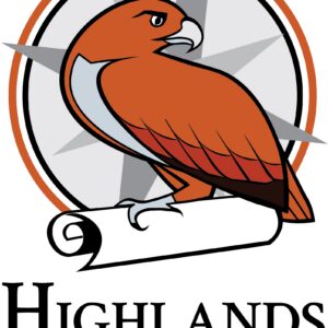 A stylized red hawk perched on a white scroll, set before a gray compass rose. Below, bold black text reads Highlands Elementary, highlighting a Giveback Benefiting Vets for Youth initiative.
