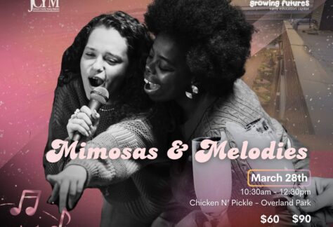 Two women sing passionately into a microphone, surrounded by pink musical notes. Text promotes “Mimosas & Melodies,” an event on March 28th at Chicken N’ Pickle, Overland Park, benefiting Growing Futures. Ticket prices are listed.