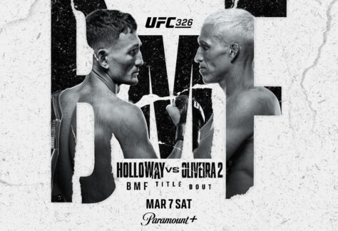 Black and white UFC 300 fight poster showing Max Holloway and Charles Oliveira facing off for the BMF Title Bout, with event details: March 7, Saturday, Paramount+, T-Mobile Arena, and large “BMF” text in the background.