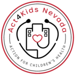 Logo for Act4Kids Nevada. It features a stethoscope forming a heart around a hospital, with the words Act4Kids Nevada and Action for Children's Health in a circular border, highlighting its giveback mission benefiting vets and youth.