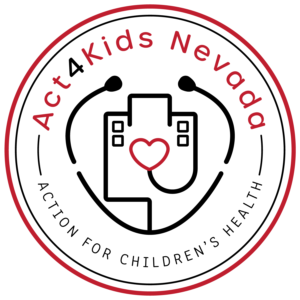 Logo for Act4Kids Nevada. It features a stethoscope forming a heart around a hospital, with the words Act4Kids Nevada and Action for Children's Health in a circular border, highlighting its giveback mission benefiting vets and youth.
