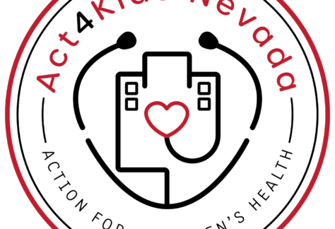 Logo for Act4Kids Nevada. It features a stethoscope forming a heart around a hospital, with the words Act4Kids Nevada and Action for Children's Health in a circular border, highlighting its giveback mission benefiting vets and youth.