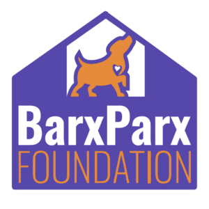 BarxParx Foundation logo featuring a purple house outline with an orange dog silhouette and a heart shape, above the words BarxParx FOUNDATION in white and orange text, symbolizing our giveback efforts benefiting vets for youth.