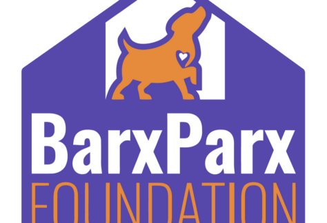 BarxParx Foundation logo featuring a purple house outline with an orange dog silhouette and a heart shape, above the words BarxParx FOUNDATION in white and orange text, symbolizing our giveback efforts benefiting vets for youth.