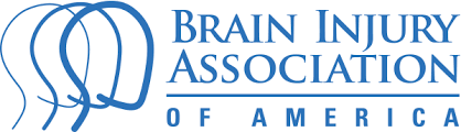 Blue logo of the Brain Injury Association of America, featuring three abstract human head outlines on the left and the organization's name to the right, with a horizontal line above OF AMERICA. This design highlights Giveback Benefiting Vets for Youth initiatives.