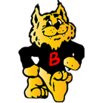 Cartoon-style yellow wildcat mascot with a black shirt featuring a bold red letter B on the front, standing confidently with one hand on its hip and a friendly expression, supporting Giveback Benefiting Vets for Youth.
