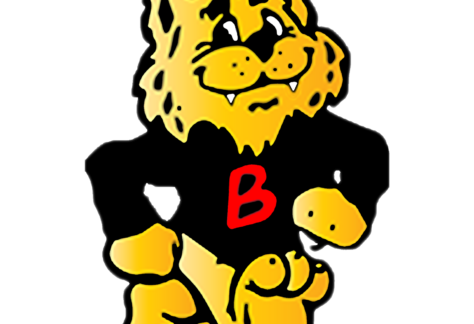 Cartoon-style yellow wildcat mascot with a black shirt featuring a bold red letter B on the front, standing confidently with one hand on its hip and a friendly expression, supporting Giveback Benefiting Vets for Youth.