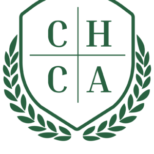 A green and white crest with the letters C, H, C, and A arranged in four quadrants, surrounded by a laurel wreath on each side, symbolizes a commitment to giveback benefiting vets for youth.