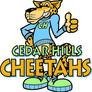 Cartoon cheetah wearing a blue sweater with CH on it, giving a thumbs up. Below, bold text reads Cedar Hills Cheetahs in green and yellow letters—proudly part of a Giveback Benefiting Vets for Youth initiative.