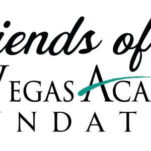 Logo for Friends of Las Vegas Academy Foundation, featuring elegant black script and serif fonts, with four colorful squares (red, green, purple, orange) in the upper right corner—giveback benefiting vets for youth initiatives.
