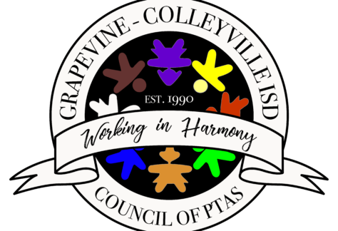Logo for Grapevine-Colleyville ISD Council of PTAs, featuring colorful human figures in a circle, the text Working in Harmony on a ribbon, and EST. 1990—celebrating Giveback Benefiting Vets for Youth initiatives.