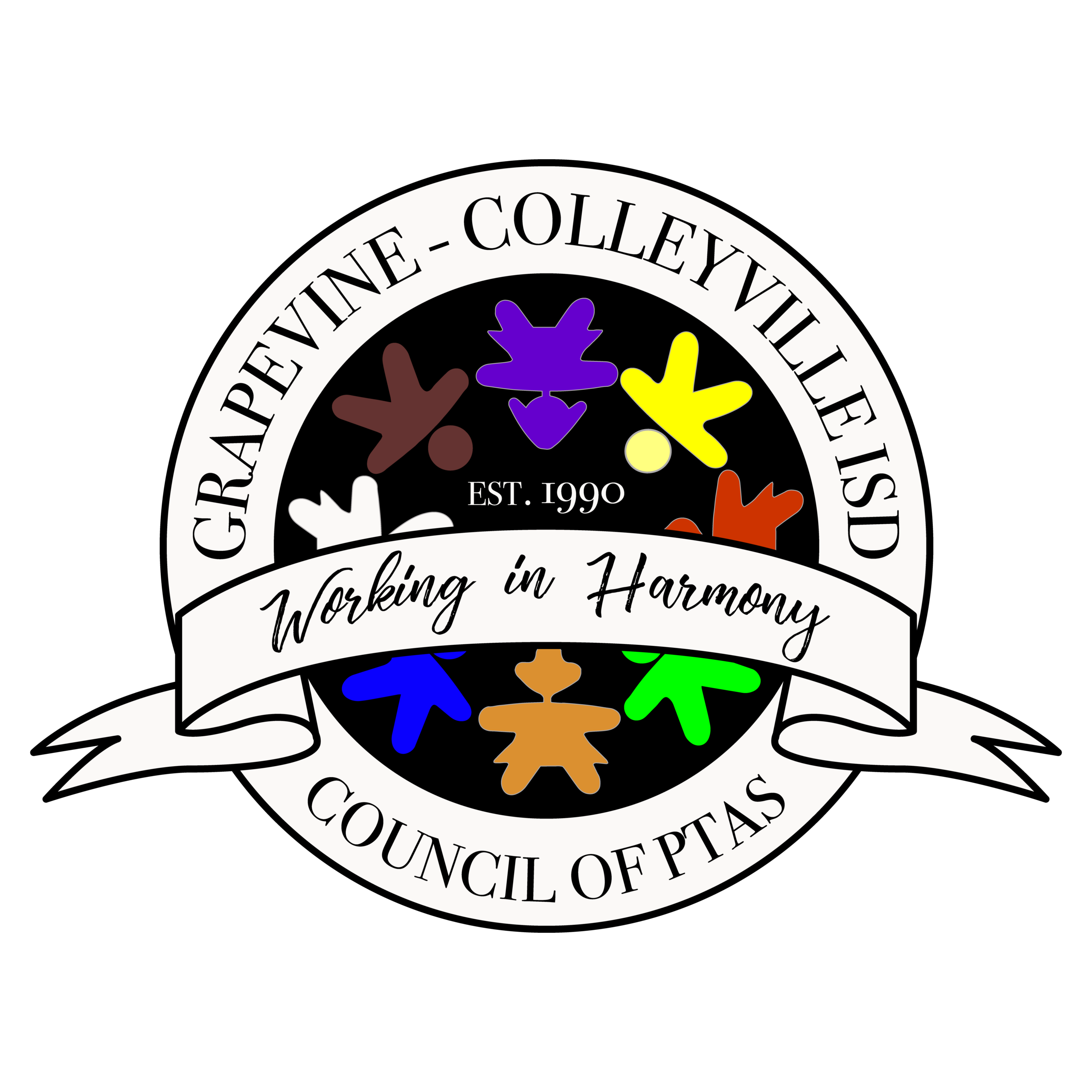 Logo for Grapevine-Colleyville ISD Council of PTAs, featuring colorful human figures in a circle, the text Working in Harmony on a ribbon, and EST. 1990—celebrating Giveback Benefiting Vets for Youth initiatives.