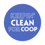 A blue circle with a white border contains the text “KEEPIN’ CLEAN FOR COOP” in bold white and blue capital letters, with varied font weights—part of a Giveback Benefiting Vets for Youth.