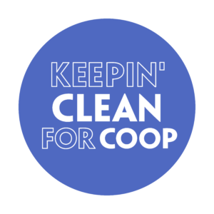 A blue circle with a white border contains the text “KEEPIN’ CLEAN FOR COOP” in bold white and blue capital letters, with varied font weights—part of a Giveback Benefiting Vets for Youth.