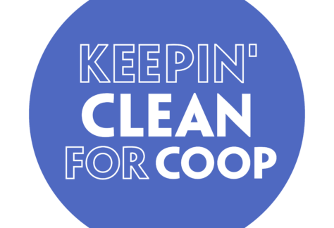 A blue circle with a white border contains the text “KEEPIN’ CLEAN FOR COOP” in bold white and blue capital letters, with varied font weights—part of a Giveback Benefiting Vets for Youth.