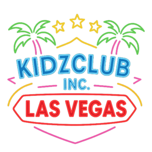 Colorful neon-style sign with two green palm trees, three yellow stars, blue text KIDZCLUB INC., and bold red LAS VEGAS on a white background—highlighting a Giveback Benefiting Vets for Youth.