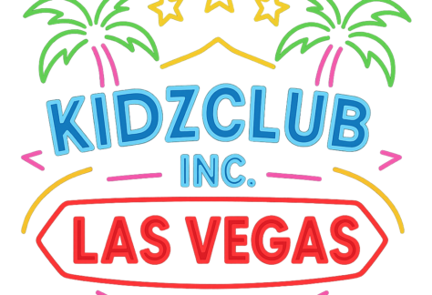 Colorful neon-style sign with two green palm trees, three yellow stars, blue text KIDZCLUB INC., and bold red LAS VEGAS on a white background—highlighting a Giveback Benefiting Vets for Youth.
