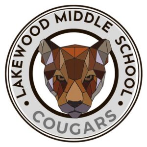 Geometric illustration of a cougar's face centered in a circular logo. The outer ring reads Lakewood Middle School at the top and Cougars at the bottom, highlighting a Giveback Benefiting Vets for Youth in bold capital letters.