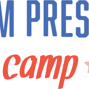 Text logo reading MADAM PRESIDENT in blue uppercase letters above the word camp in red script, flanked by two pink stars on each side. Giveback Benefiting Vets for Youth.