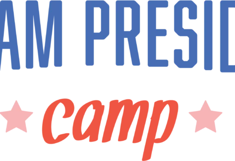 Text logo reading MADAM PRESIDENT in blue uppercase letters above the word camp in red script, flanked by two pink stars on each side. Giveback Benefiting Vets for Youth.
