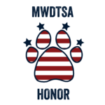 A paw print with red and white stripes and three blue stars, featuring MWDTSA above and HONOR below—symbolizing a giveback effort benefiting vets for youth.