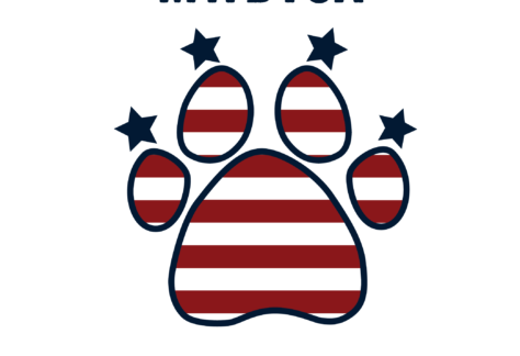 A paw print with red and white stripes and three blue stars, featuring MWDTSA above and HONOR below—symbolizing a giveback effort benefiting vets for youth.