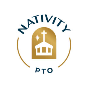 A gold and white logo with a church, cross, and star inside an arch. The word NATIVITY is above and PTO is below, both surrounded by partial gold arcs—symbolizing a giveback benefiting vets for youth in the community.