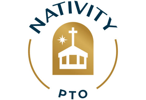 A gold and white logo with a church, cross, and star inside an arch. The word NATIVITY is above and PTO is below, both surrounded by partial gold arcs—symbolizing a giveback benefiting vets for youth in the community.