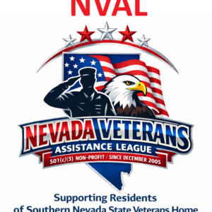 Logo for the Nevada Veterans Assistance League featuring a saluting soldier, bald eagle, three stars, and American flag, with text highlighting Giveback Benefiting Vets for Youth and supporting Southern Nevada State Veterans Home residents.