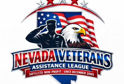 Logo for the Nevada Veterans Assistance League featuring a saluting soldier, bald eagle, three stars, and American flag, with text highlighting Giveback Benefiting Vets for Youth and supporting Southern Nevada State Veterans Home residents.