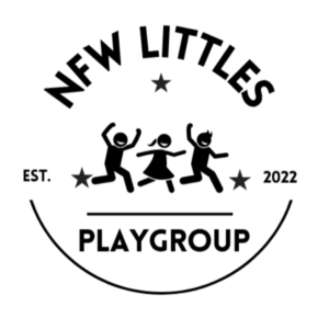 Black and white logo for NFW Littles Playgroup, established 2022. Three children dancing between stars are above “Playgroup,” enclosed in a semicircle. Giveback Benefiting Vets for Youth is part of our community mission.