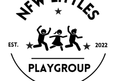 Black and white logo for NFW Littles Playgroup, established 2022. Three children dancing between stars are above “Playgroup,” enclosed in a semicircle. Giveback Benefiting Vets for Youth is part of our community mission.