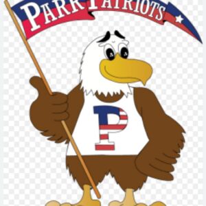 Cartoon bald eagle holding a flag that says Parr Patriots, supporting a Giveback Benefiting Vets for Youth. The eagle wears a white shirt with a letter P in stars and stripes. Background is transparent.