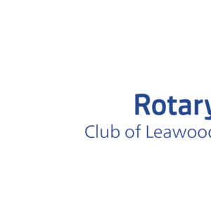 Rotary Club of Leawood logo featuring blue text and a yellow gearwheel symbol on a light background, highlighting their Giveback Benefiting Vets for Youth initiative.