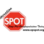 A red stop sign with SPOT in the center, promoting Operation Stop Pet Overpopulation Today and www.opspot.org. This giveback initiative benefits vets for youth. The background is white.