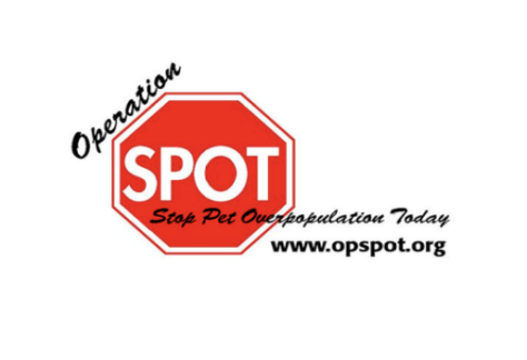 A red stop sign with SPOT in the center, promoting Operation Stop Pet Overpopulation Today and www.opspot.org. This giveback initiative benefits vets for youth. The background is white.