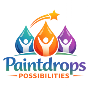Logo with three colorful paint drops (teal, orange, purple), each containing a white figure with raised arms. An orange star arcs over the drops. The text reads Paintdrops POSSIBILITIES, benefiting youth and giveback programs.